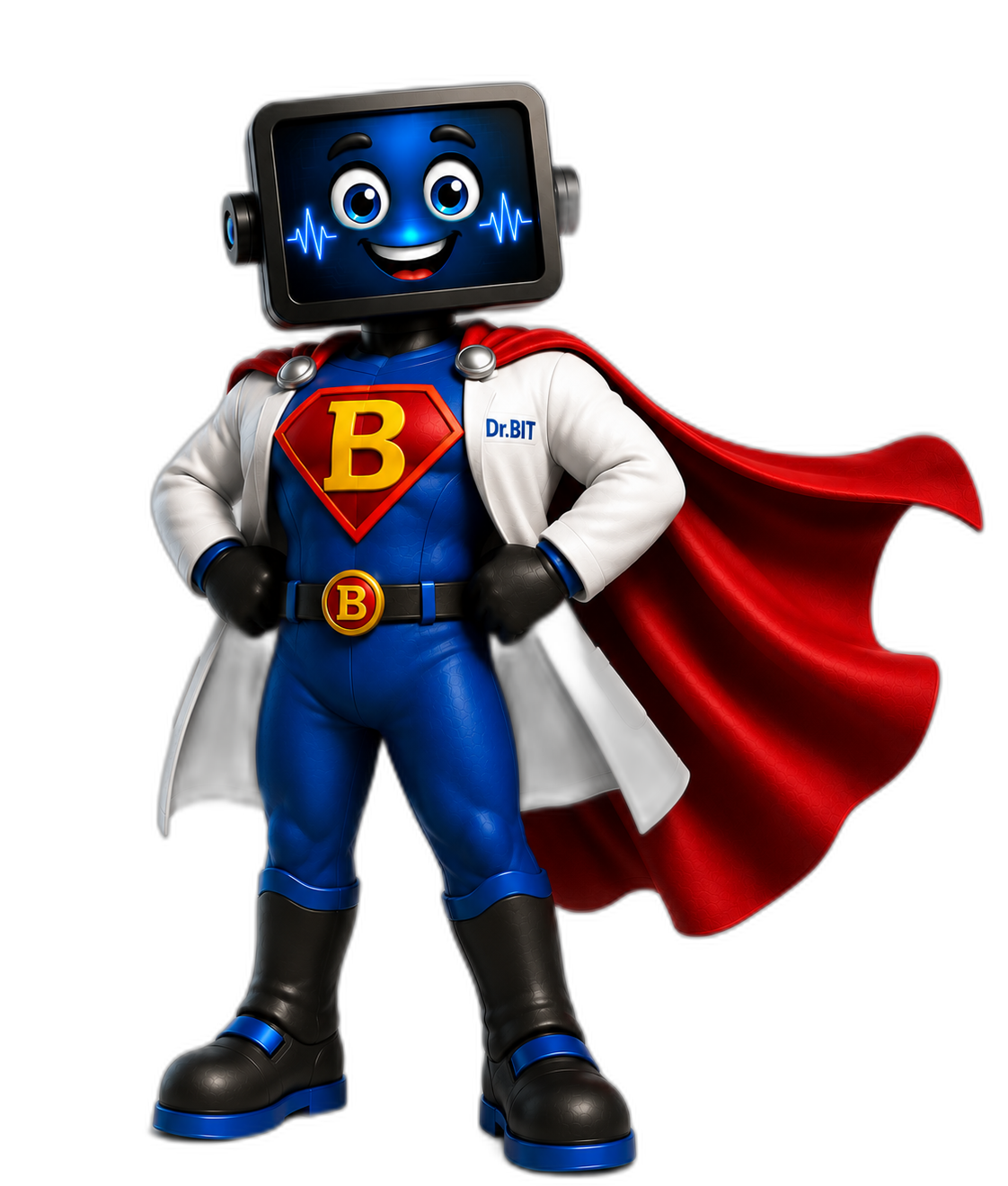 Doktor BIT ako superhrdina — maskot PC-KLINIKA